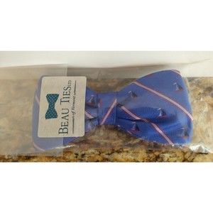 Beau Ties Men's Silk Hand Sewn Bow Tie Adjustable‎ Blue Red Stripe Sailboats NEW